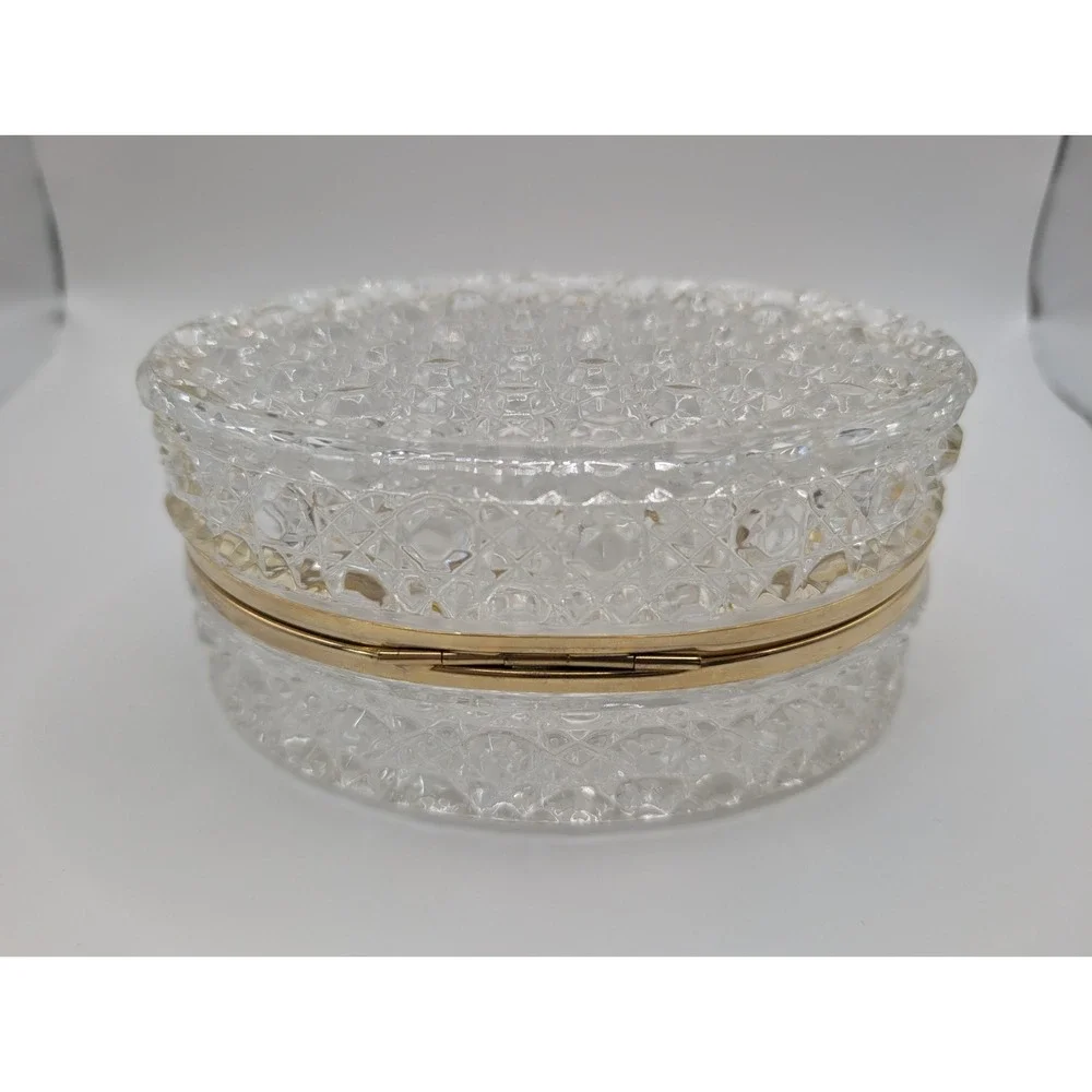 Vintage Cut Glass Crystal Casket Trinket Box Hinged Gold Tone Jewelry Case